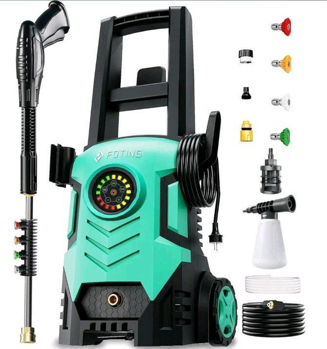 New - FOTING 5000 psi Electric Pressure Washer, 3.3 GPM Power Washer, 4 Quick Connect Nozzle & Foam Cannon&Inlet Hose&Filter, High Pressure Washer for Cars/Fences/Patio/Driveways/Home Cleaning . Retail $220