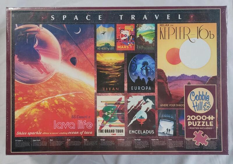 New - Cobble Hill " Space Travel " 2000pc. Puzzle w/Poster . Sealed . Measures 29 &frac14;"&times;26.5" when Assembled.