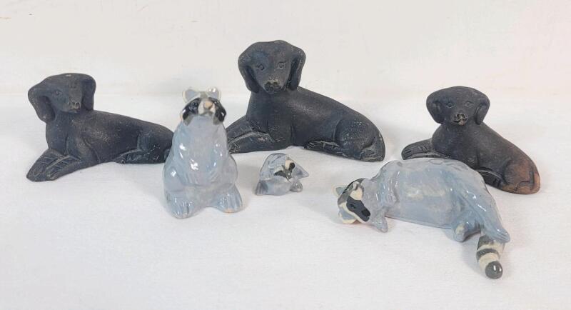 Vintage Miniature Ceramic Raccoons & Dogs . Measures 1" to 2 &frac14;" tall . Some wear & scuff marks .