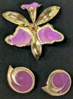 Gorgeous Large Vintage Gleaming Metal Orchid Brooch with Enamel Detailing (2.8" &times; 2.5") & Pair of 1.25" Long Earrings for Pierced Ears