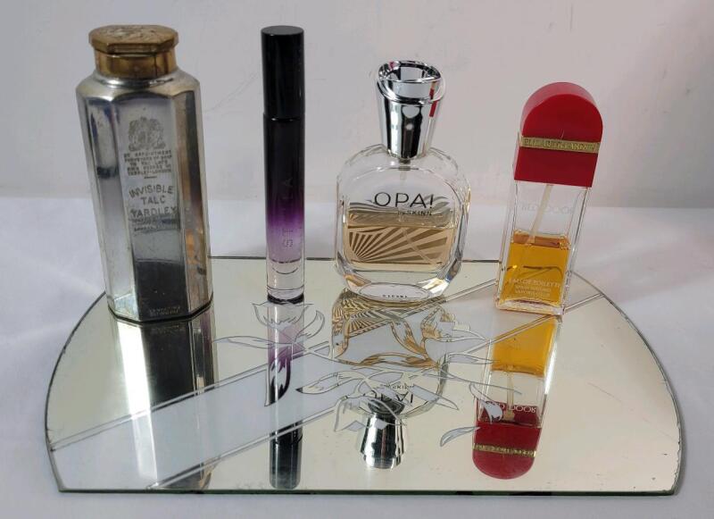 Assorted Perfumes & Vanity Glass Tray . Elizabeth Arden - Red Door , Opa! by Skinn & Stella by Stella McCartney .