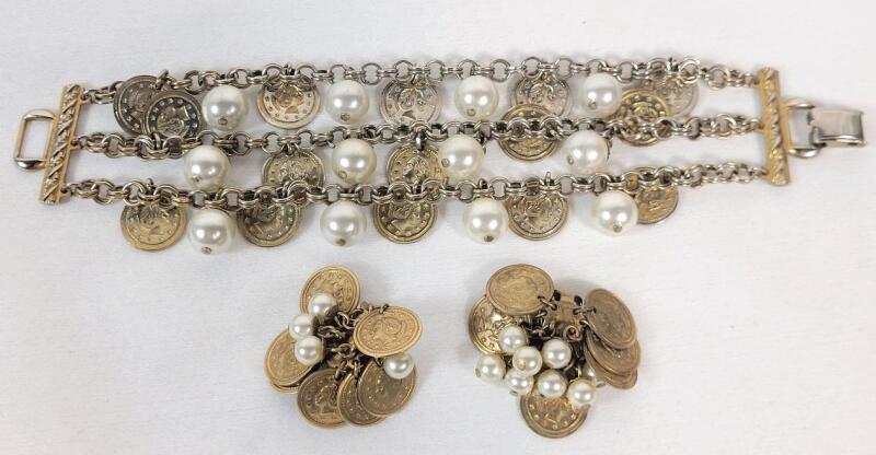 Vintage Coin & Faux Pearl Bracelet & Earring Set .