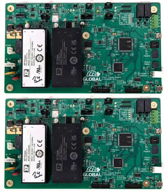 2 As-New GLOBAL Power Supply Boards G-010558 R13 with XP Power ECE60US24 + ECE80US12 Modules, 5.75" &times; 10"