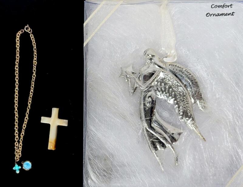 As-New Serenity Angel Loved Ones Comfort Ornament 4" Long, Vintage Carved Agate Stone Cross Pendant 1.6" & Child's Catholic Necklace with 2 Absolutely Tiny Charms (9.5" Long, Charms 0.3" Long)