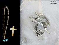 As-New Serenity Angel Loved Ones Comfort Ornament 4" Long, Vintage Carved Agate Stone Cross Pendant 1.6" & Child's Catholic Necklace with 2 Absolutely Tiny Charms (9.5" Long, Charms 0.3" Long)