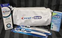 New Crest & Oral-B Mouthcare Lot - Crest Toothpaste, Oral-B Floss, 2 Toothbrushes & Toiletry Bag 9.5" Long & 4" Wide