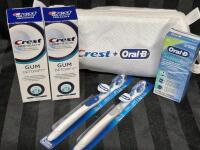 New Crest & Oral-B Mouthcare Lot - 2 Crest Toothpaste, Oral-B Floss, 2 Toothbrushes & Toiletry Bag 9.5" Long & 4" Wide