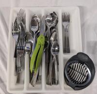 30+ Pieces of cutlery and kitchen utensils with tray. Tray measures 10.25" Wide.