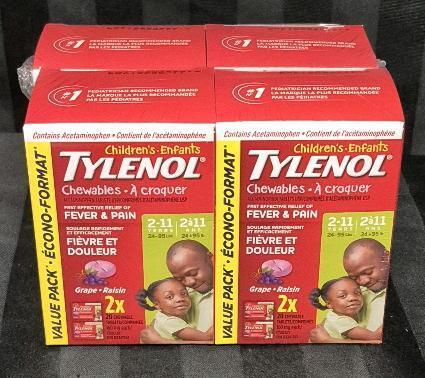 4 New Packs Children's Tylenol Chewables with 160 mg Acetaminophen, Pain Reliever & Fever Reducer Grape Flavour Exp 2025/11 - 20 Chewable Tablets per Pack