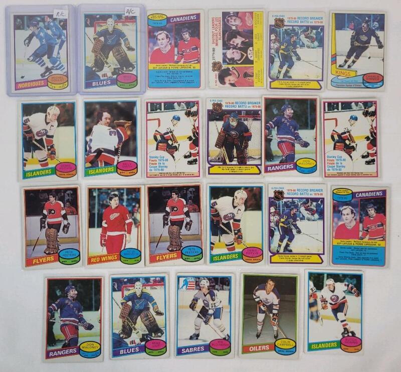 1980 - 1981 O Pee Chee NHL Hockey Trading Card Singles , 23 Trading Cards . Includes Mike Liut #31 & Michel Goulet #67 Rookie Cards .