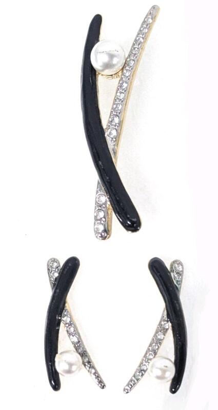 Vintage Signed BUTLER Faux Pearl, Enamel & Rhinestones Earrings With 14K Gold Marked Posts & Matching Brooch, 1.25" - 2" Long