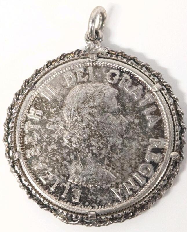 Vintage 1962 Canadian Silver 50 Cent Coin Pendant in Rope Bezel Frame, 1.8" Diameter