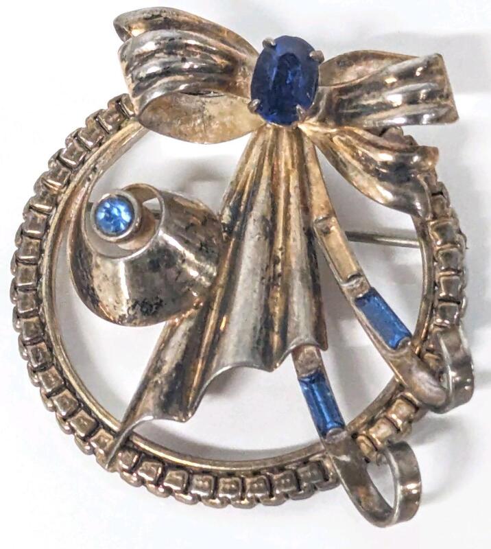 Rare Vintage Signed BOND BOYD STERLING Round Ribbon Brooch, 1.8" Diameter, Missing 1 Blue Baguette Rhinestone