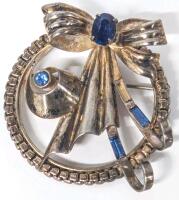 Rare Vintage Signed BOND BOYD STERLING Round Ribbon Brooch, 1.8" Diameter, Missing 1 Blue Baguette Rhinestone