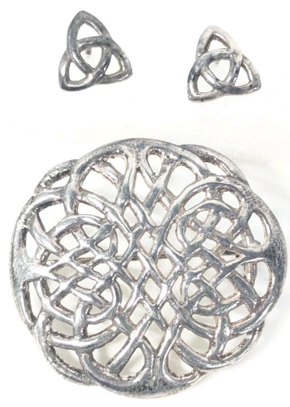 Vintage Celtic Jewelry Stamped 925, Sterling Silver - 1.25" Diameter Celtic Knot Brooch & Family Knot Post Earrings 0.5"