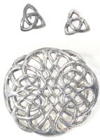 Vintage Celtic Jewelry Stamped 925, Sterling Silver - 1.25" Diameter Celtic Knot Brooch & Family Knot Post Earrings 0.5"