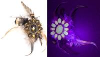 Unique Vintage Feathered Brooch With Faceted UV-Reactive Foiled Stones, Back (Non-Magnetic) 1.5" Diameter