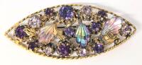 Stunning Vintage Iridescent Faceted Shell-Shaped & Purple Rhinestones Brooch, 2.6" Long