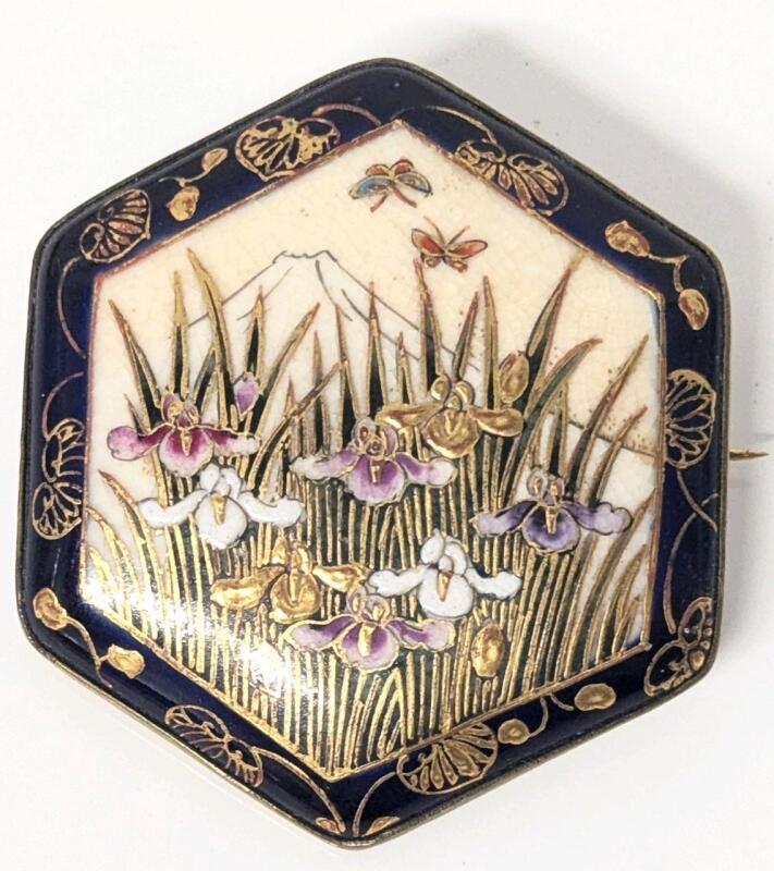 Gorgeous Possibly Very Old Japanese Satsuma-Style Large Intricately Painted Iris/Butterflies/Mt Fuji Puffy Brooch - Signed/Stamped On Back, 2" &times; 2.25"