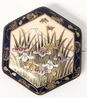 Gorgeous Possibly Very Old Japanese Satsuma-Style Large Intricately Painted Iris/Butterflies/Mt Fuji Puffy Brooch - Signed/Stamped On Back, 2" &times; 2.25"