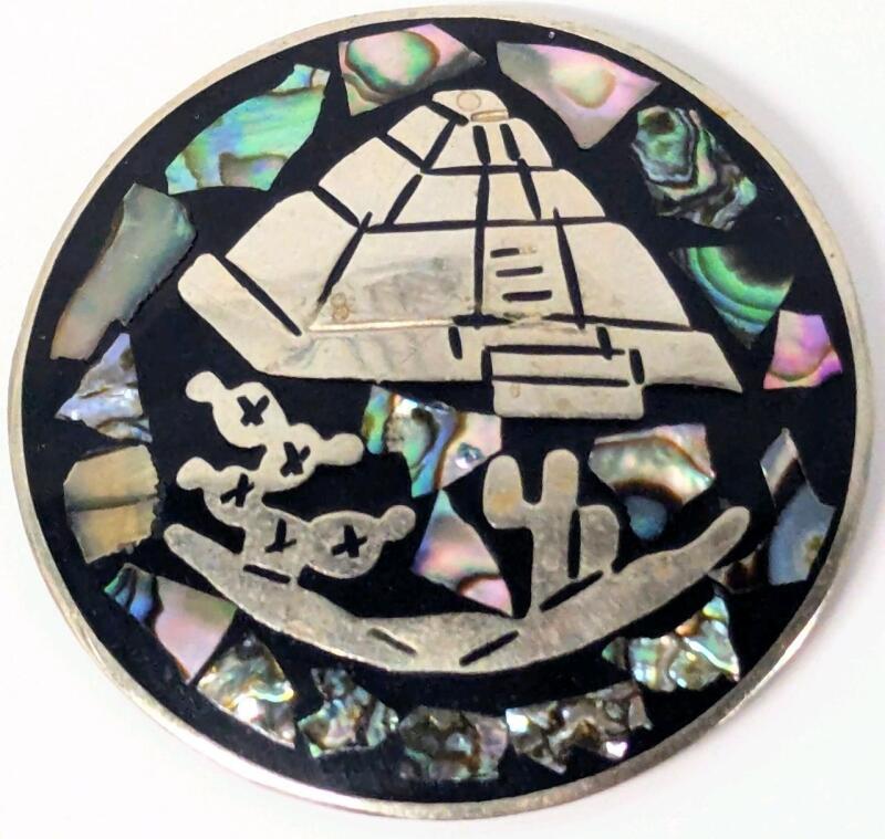 Vintage Alpaca Silver Hecho En Mexico Pyramid Scene w/Abalone Chip Insets & Pendant Loop, 1.8" Diameter