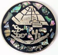 Vintage Alpaca Silver Hecho En Mexico Pyramid Scene w/Abalone Chip Insets & Pendant Loop, 1.8" Diameter