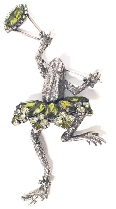 Signed Vintage DANNY POLLAK Large Fancy Frog Brooch With Greeb Rhinestone Purse, Skirt & Anklet, 5" Long