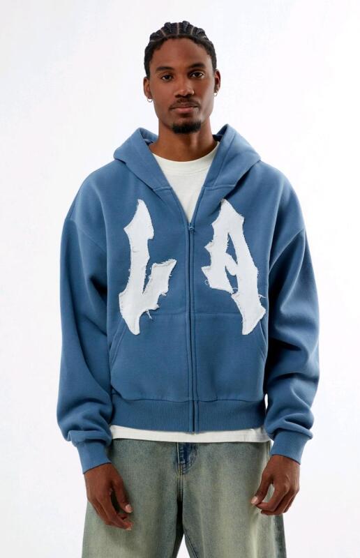 New Size Large Men's PACSUN LA Raw Applique Full Zip Hoodie, Slate Blue | Retails Over $50!
