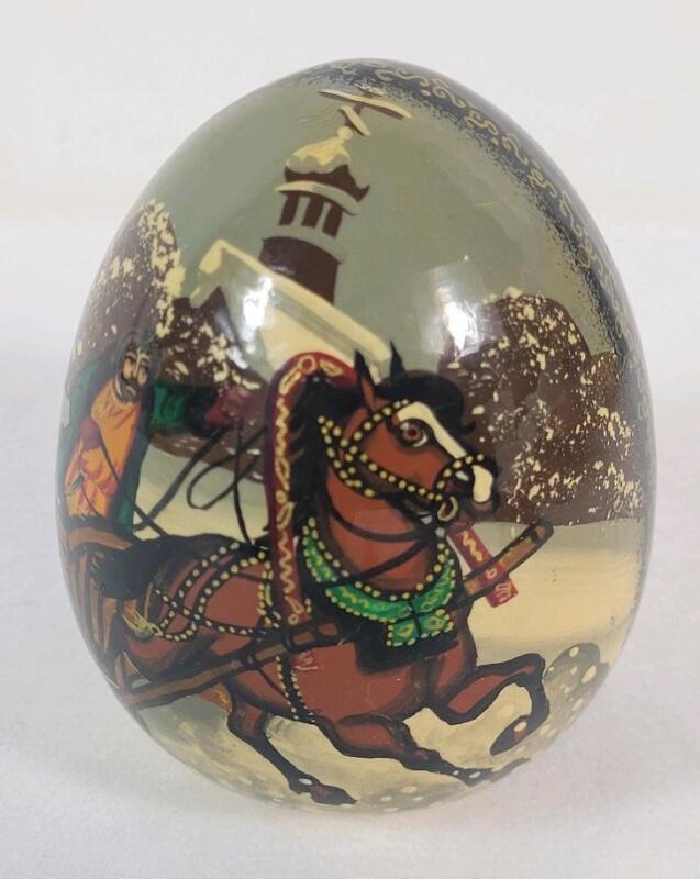 Vintage Handpainted Signed Russian Lacquer Egg . Boho Ethnic Collectible Art Work Home Decor . Measures 3 &frac34;" tall & 2.5" diameter