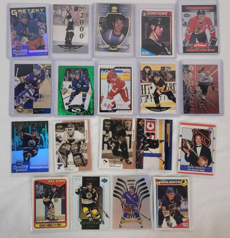 1989 - 1999 NHL Hockey Stars Trading Card Singles . Wayne Gretzky , Jaromir Jagr , Sergei Fedorov , Mark Messier , Brett Hull plus More . 19 Trading Cards