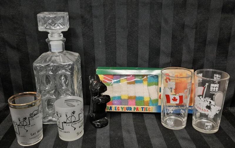 Vintage Glass Barware - Decanter, Canada Centennial Glasses, Party Coasters, Scotch Whiskey Clan Tartan Dog Figure & Fun Shot Glasses