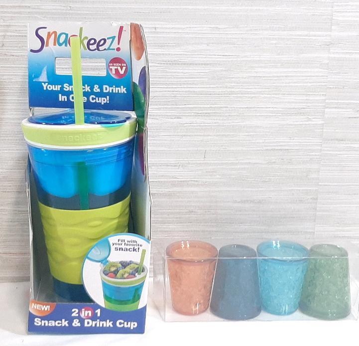 New Snackeez 16oz & 8oz Snack and Drink Cup & 4 Short Freeze Tumblers