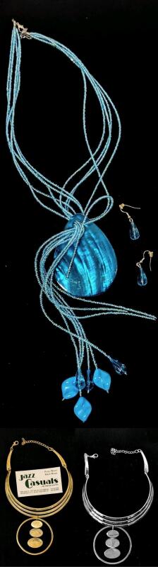 Vintage Incredibly Long () Multi-Strand Beaded Necklace with Large (2.4" &times; 3.1") Dyed Teardrop Shell Focal Pendant with 1.5" Long Matching Earrings & 2 Great Metal Collar Necklaces from Jazz Casuals, Toronto (Necks 4.5" &times; 5")
