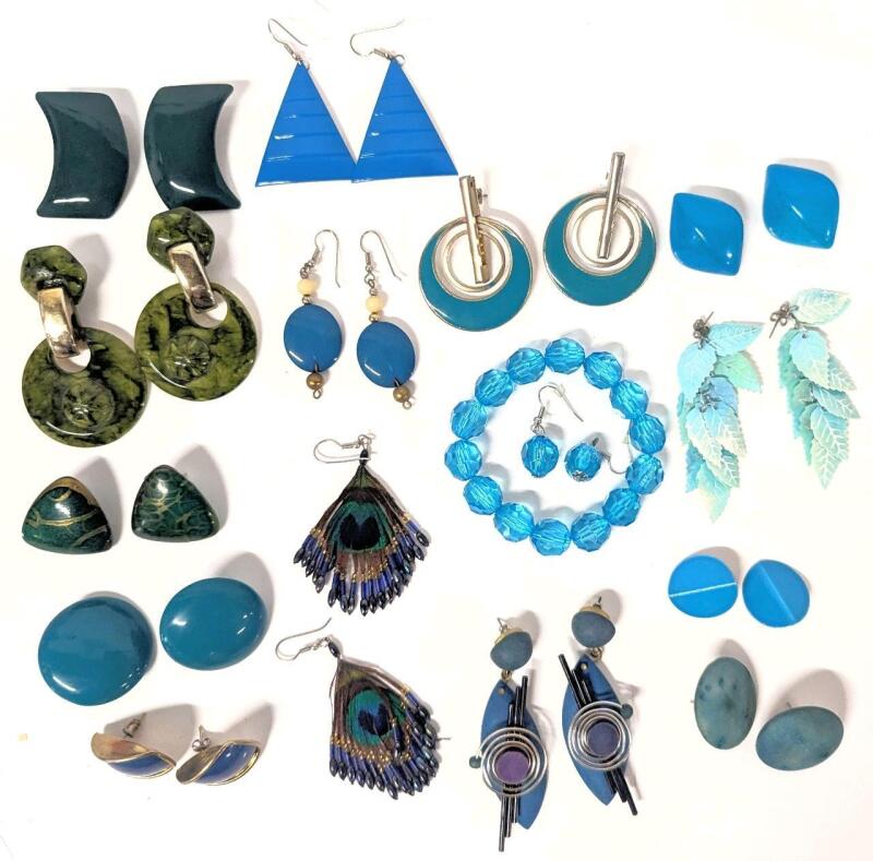 14 Vintage Pairs of Earrings, All But 1 Pair For Pieces Ears + Beaded Expansion Bracelet & Matching Earrings, Longest 3.25"