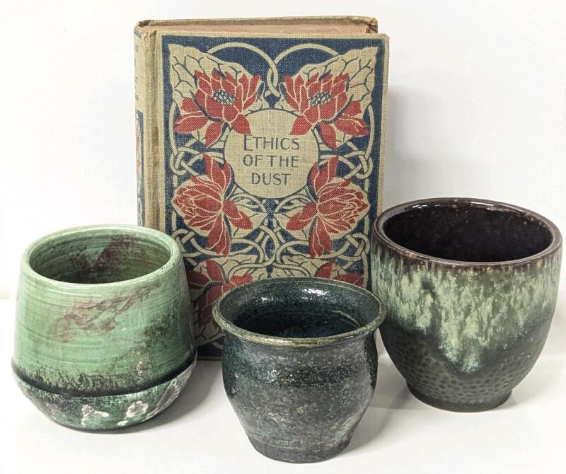 Antique 1910 Hardcover Book ETHICS OF THE DUST by Ruskin With Adorable Handpainted Picture Within+ 3 Vintage Signed Small Pottery Plant Pots 2.25" - 3" Tall, No Chips or Cracks