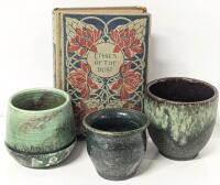 Antique 1910 Hardcover Book ETHICS OF THE DUST by Ruskin With Adorable Handpainted Picture Within+ 3 Vintage Signed Small Pottery Plant Pots 2.25" - 3" Tall, No Chips or Cracks