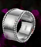 Stamped 925S Wide Band Ring Size 10 high Polish with Roped sides