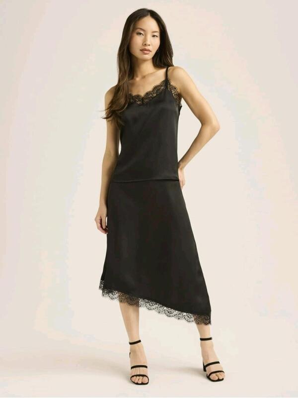 New sz XS Women's Scoop Satin Cami and Asymmetrical Skirt with Lace Trim Set