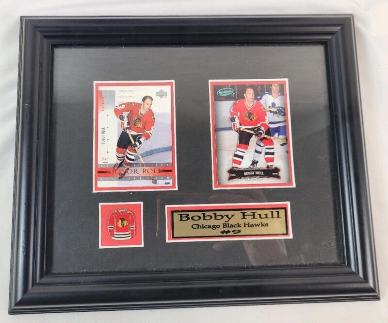 Chicago Blackhawks #9 Bobby Hull Framed Sports Cards & Pin . Measures 12 &frac14;"&times;10 &frac14;"
