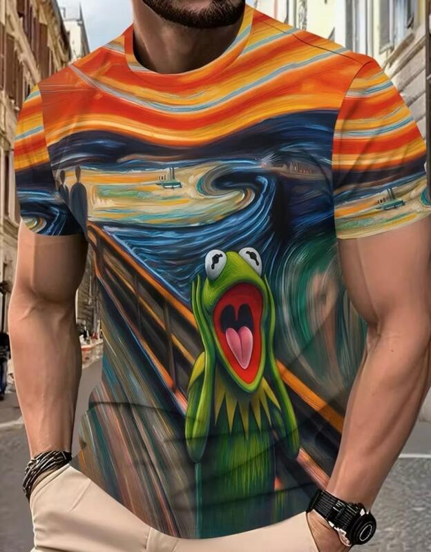 New Size XL Men's Vibrant Starry Night & Kermit the Frog Graphic T-Shirt Streetwear Casual Crew Neck Short Sleeve Tee with Swirling Cosmic Design 100% Polyester Stock photos added