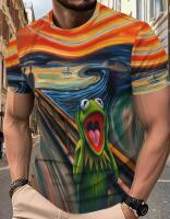 New Size XL Men's Vibrant Starry Night & Kermit the Frog Graphic T-Shirt Streetwear Casual Crew Neck Short Sleeve Tee with Swirling Cosmic Design 100% Polyester Stock photos added