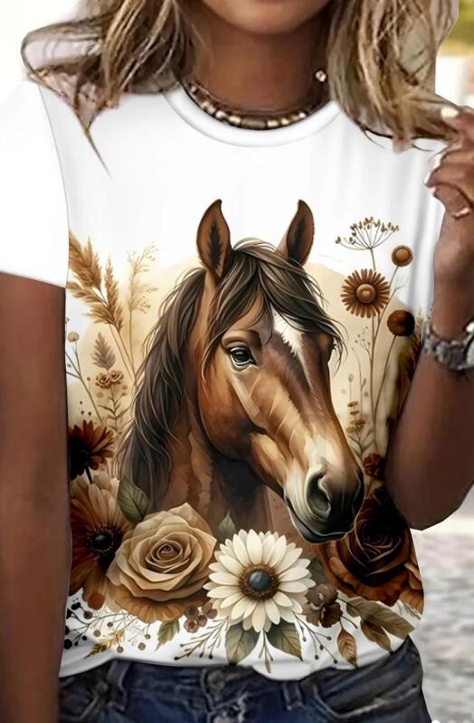 New Beautiful Size XXL Women's Horse Floral Print T-Shirt Casual Crew Neck Short Sleeve Top with Brown Horse & Wildflowers Design Soft 95% Polyester 5% Elastane Stock photos added