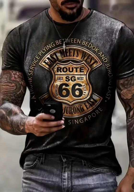 New Size Large Men's Retro Route 66 Graphic T-Shirt - Black Casual Short Sleeve Tee with Golden Lettering Streetwear Round Neck Regular Fit 100% Polyester Machine Wash Stock photos added
