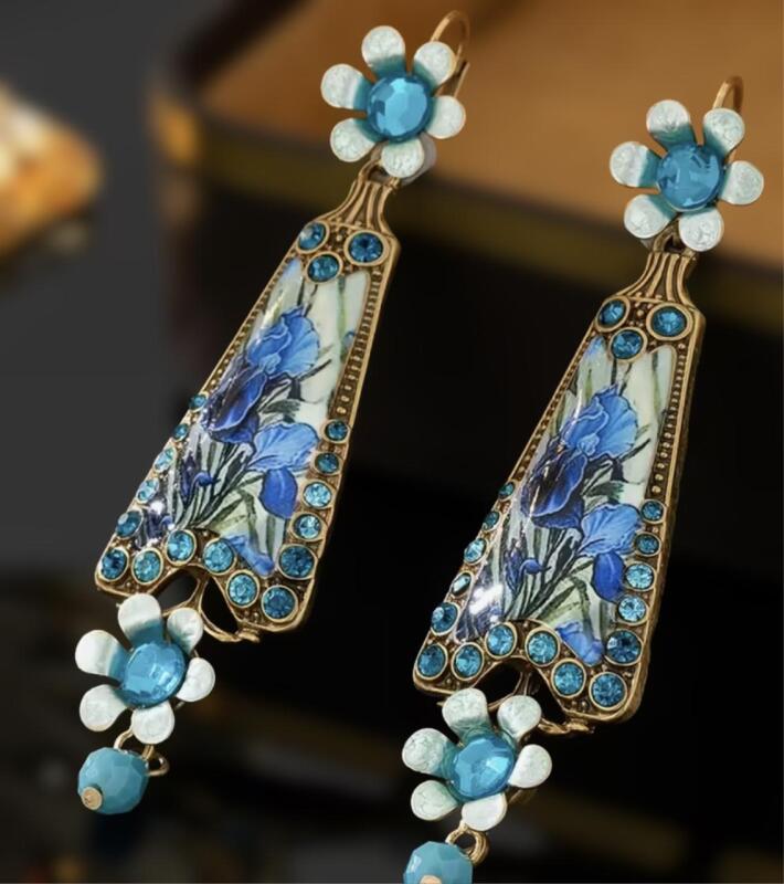 Vintage Inspired Elegant Handcrafted Glass Mosaic Drop Earrings Pierced Lever backs signed Appproximate 3&rsquo;&rsquo; drop