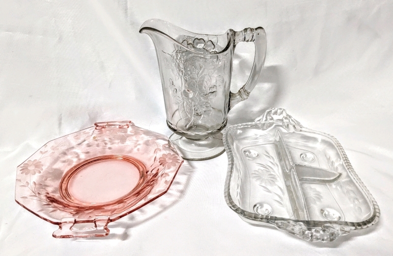 Vintage Glass: Pink Glass Dish, Serving Dish & HEAVY Pitcher