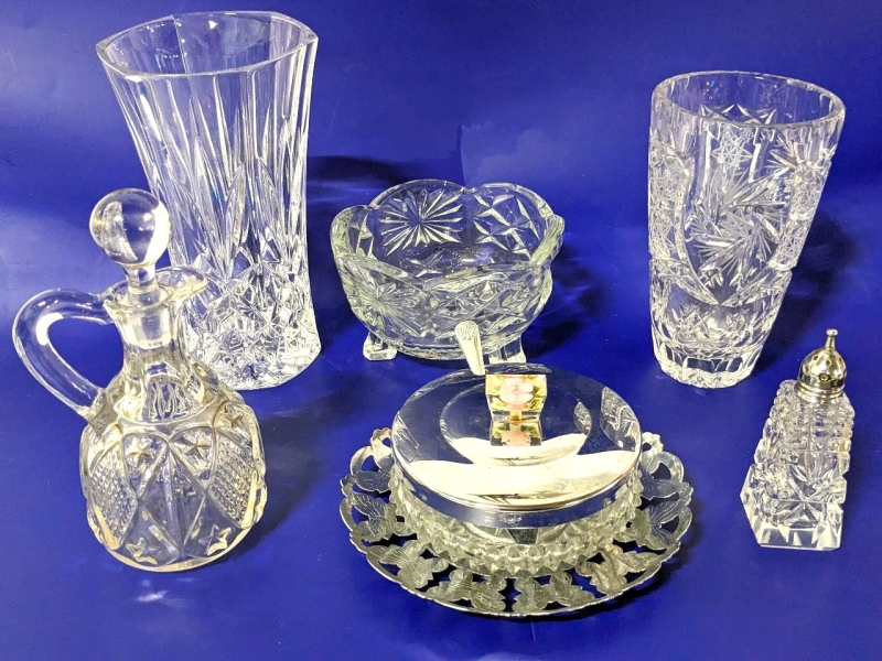 Crystal & Cut Glass: Vases, Footed Dish, Condiment Dish, Lidded Cruet +