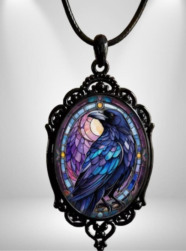 Vintage-Inspired Multicolor Crow Pendant Necklace Black Oval Frame with Stained Glass and Inlaid rhinestones Pendant approximately 2.5&rsquo;&rsquo; black chain 16&rsquo;&rsquo;1.75&rsquo;&rsquo; extender Stock photos added