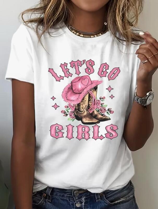 New Size Large Women's Western Cowgirl Graphic T-Shirt - Let's Go Girls Design with Pink Cowboy Hat & Boots, Casual Crew Neck Short Sleeve Top 95% Polyester 5% Elastane Machine Wash stock photos added