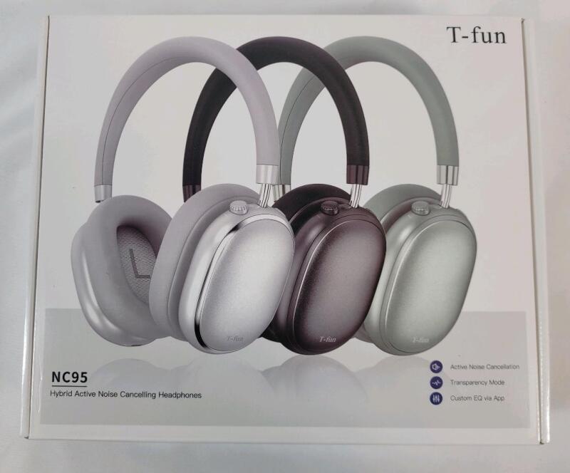 As New - T-Fun NC95 Wireless Hybrid Active Noise Cancelling Hardphones . Tested Powers Up , Not Tested Beyond Power Up (requires app from app store)