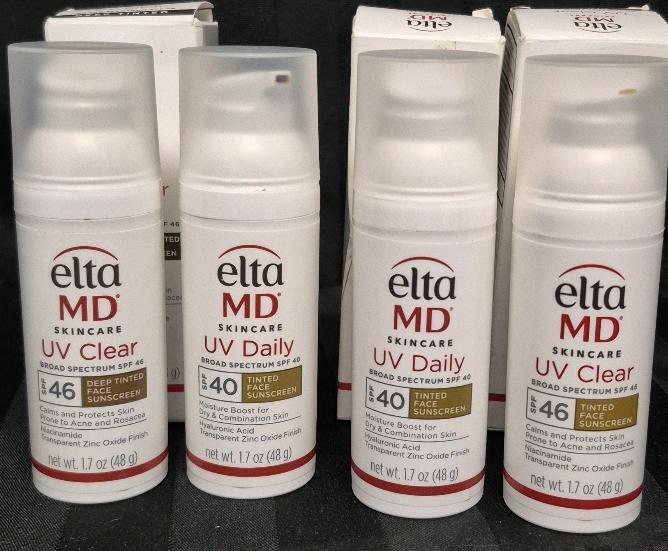 [See Desc] 4&times; ELTA MD UV Daily Broad Spectrum SPF 40 & 46 Tinted Face Sunscreens, Moisture Boost for Dry & Combination Skin with Hyaluronic Acid + Transparent Zinc Oxide Finish & Calms and Protects Skin Prone to Acne & Rosacea 48g Exp 03/2026 to 11/2026